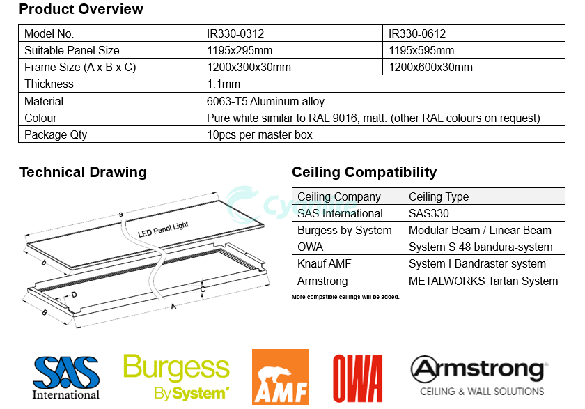 SAS330_Cyanlite installation frame accessories for LED Panel Lights